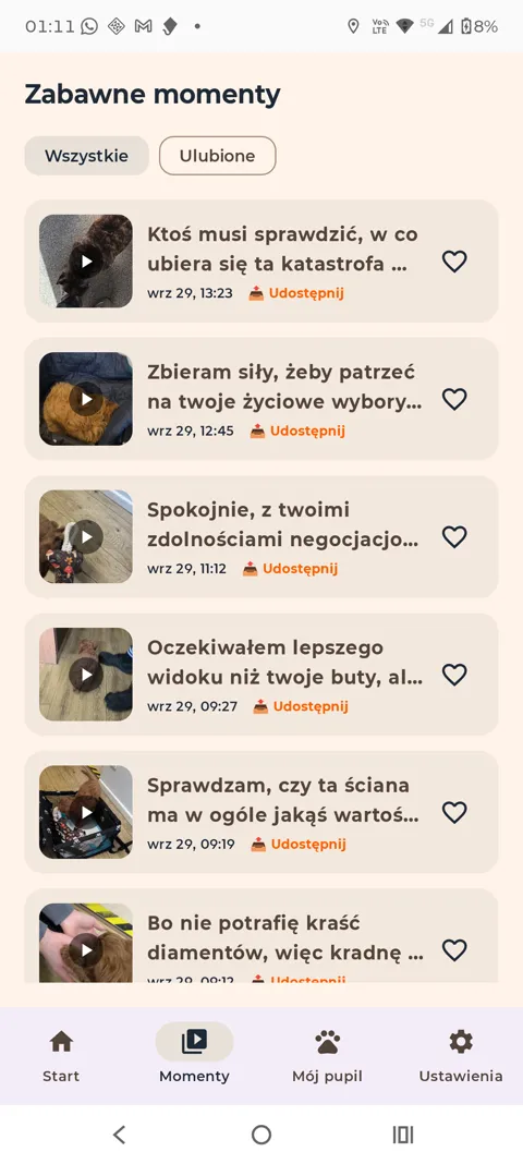 Lista zapisanych zabawnych momentów z miniaturami filmów